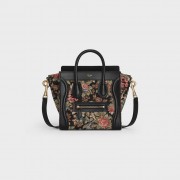 CELINE NANO LUGGAGE BAG IN FLORAL JACQUARD AND CALFSKIN 189242 BLACK HV01362gE29