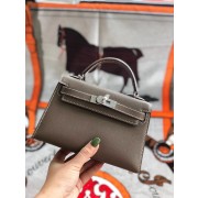 Fake Hermes original mini Kelly chevre mysore K19CM grey&silver Metal HV03060uQ71