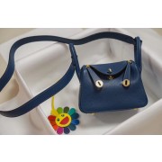 Hot Hermes mini Lindy Togo Leather Bag LD19 blue&gold-Tone Metal HV01248io40