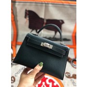 Replica Hermes original mini Kelly chevre mysore K19CM Blackish green&silver Metal HV00455hD86