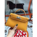 Replica Hermes original mini Kelly chevre mysore K19CM Mango yellow&silver Metal HV03744aG44