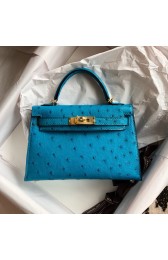 Hermes original ostrich leather mini kelly bag K001 blue HV01668UW57