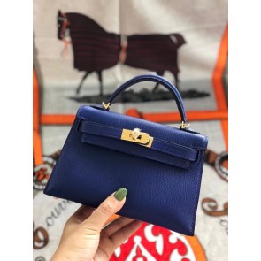 Best Hermes original mini Kelly chevre mysore K19CM blue&Gold Metal HV01585Ml87