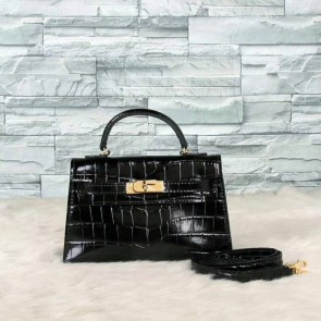 Hermes Kelly 19cm Tote Bag crocodile Leather KL19 Black HV05247qB82