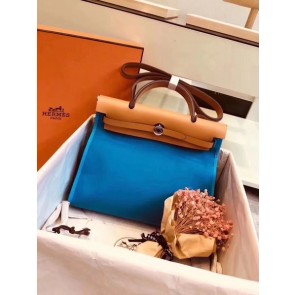 Hermes original canvas&calfskin leather herbag H45987 blue with apricot HV00975tL32