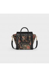 CELINE NANO LUGGAGE BAG IN FLORAL JACQUARD AND CALFSKIN 189242 BLACK HV01362gE29