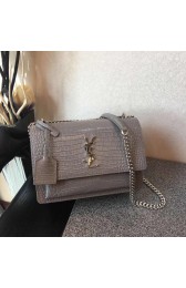 Fake SAINT LAURENT Monogram Sunset medium crocodile-embossed leather cross-body bag 00931 light gray HV10766Qv16